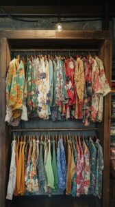 Två klädstänger med färgglada blommiga second hand-plagg