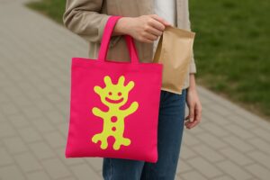 En ung kvinna med stilren tygpåse går på stadsgata